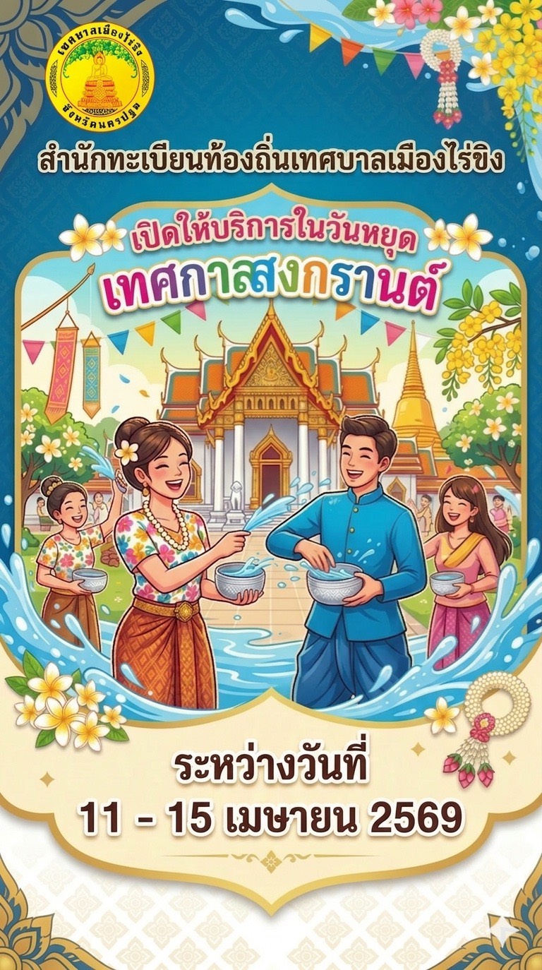 สำนักทะเบียนท้องถิ่นเทศบาลเมืองไร่ขิง เปิดให้บริการในวันหยุดเทศกาลสงกรานต์